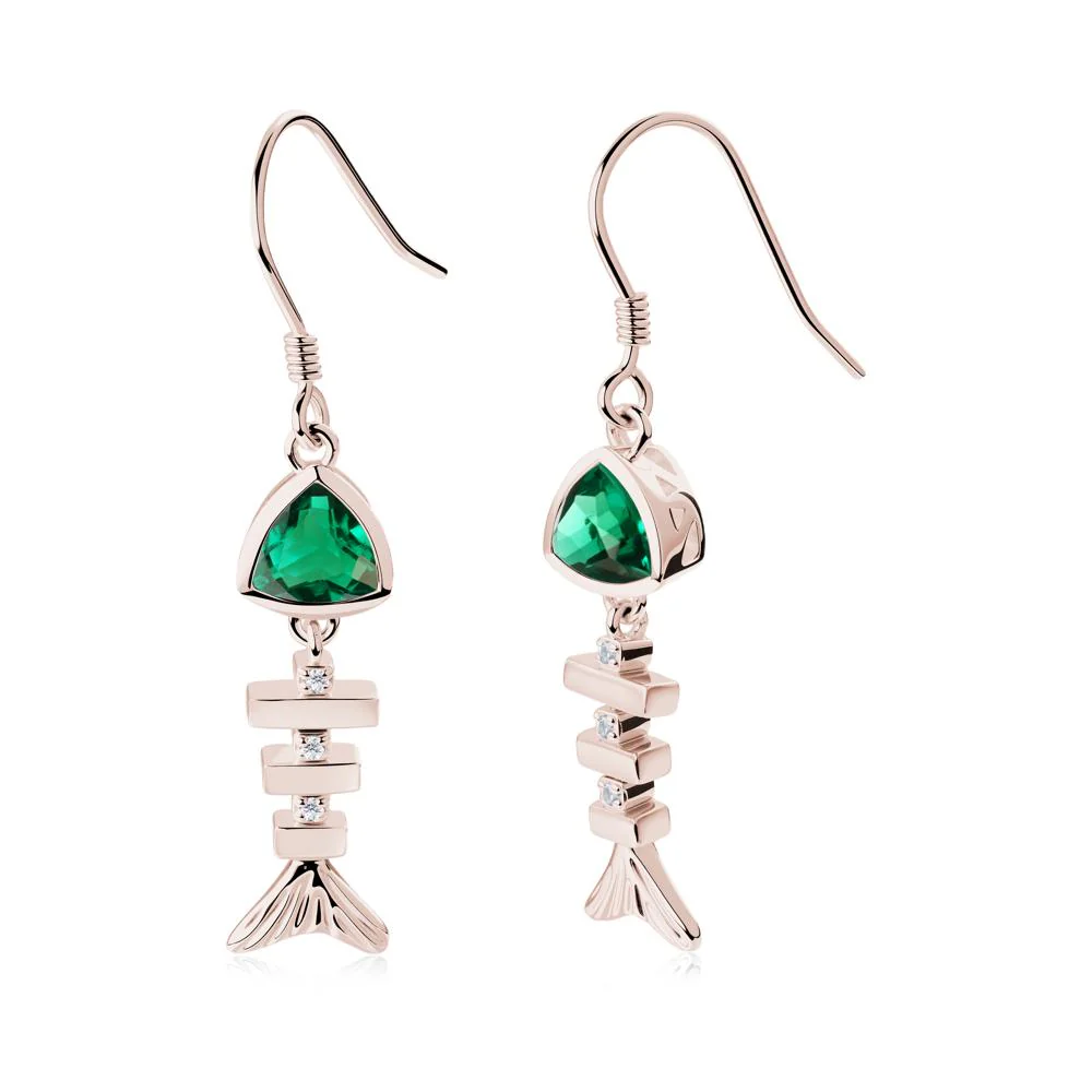 Bezel Trillion Cut Emerald Fishbone Dangle Earrings - Image 4
