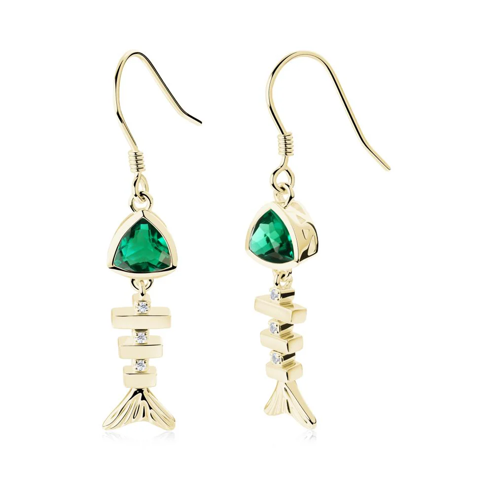 Bezel Trillion Cut Emerald Fishbone Dangle Earrings - Image 7