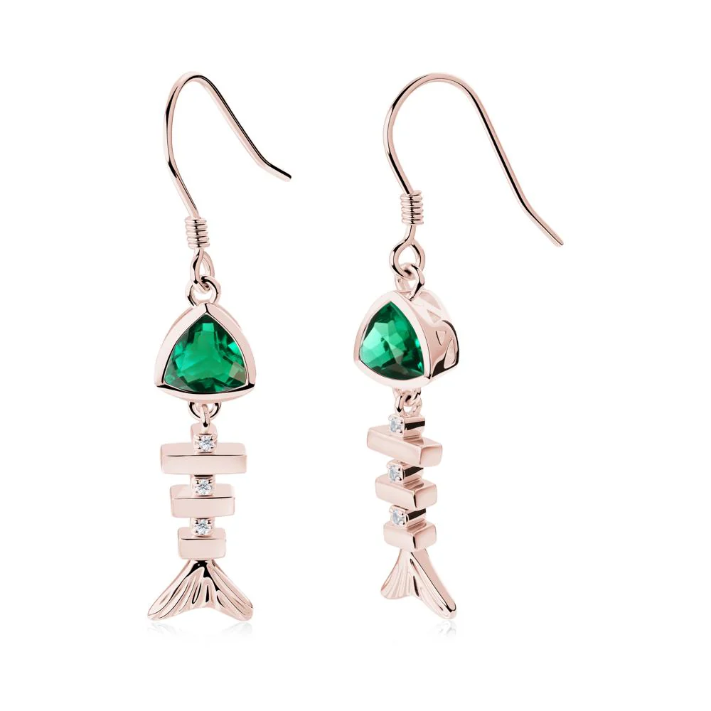 Bezel Trillion Cut Emerald Fishbone Dangle Earrings - Image 9