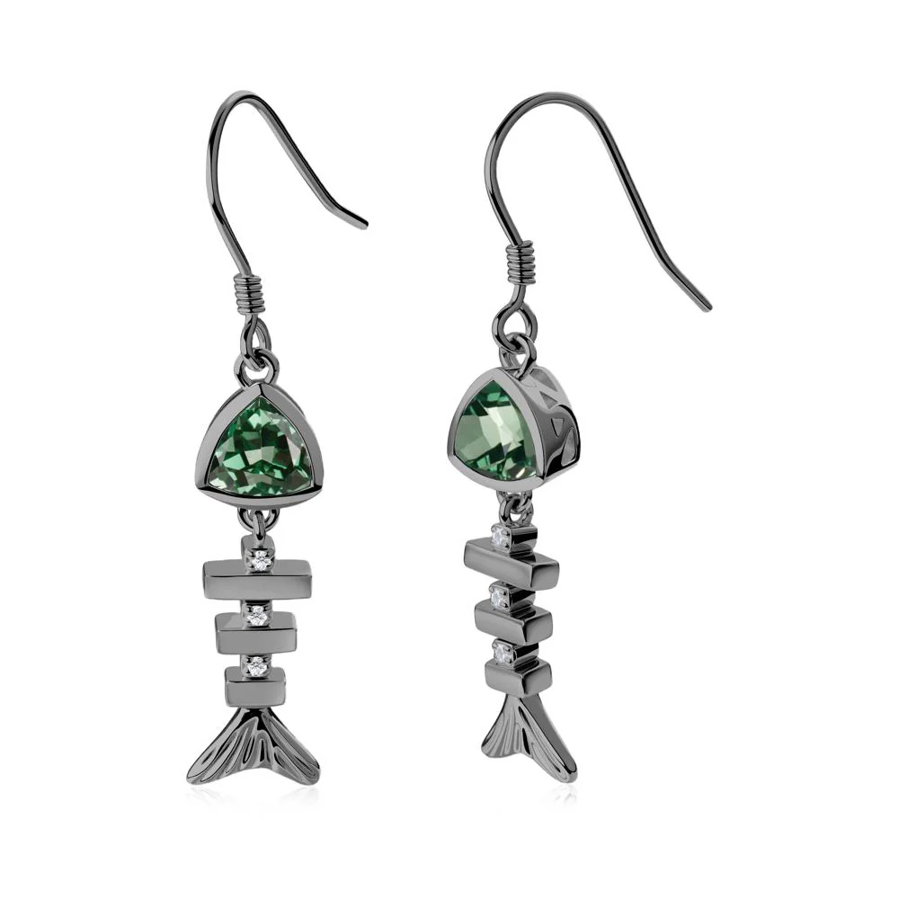 Bezel Trillion Cut Green Sapphire Fishbone Dangle Earrings - Image 5