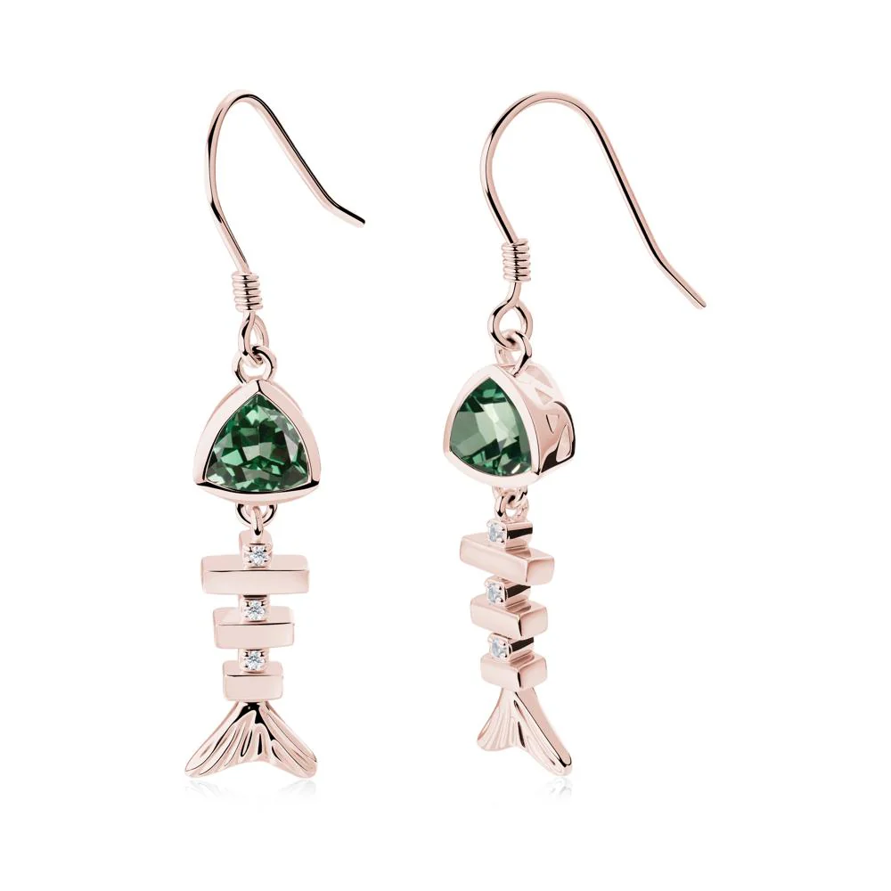 Bezel Trillion Cut Green Sapphire Fishbone Dangle Earrings - Image 7