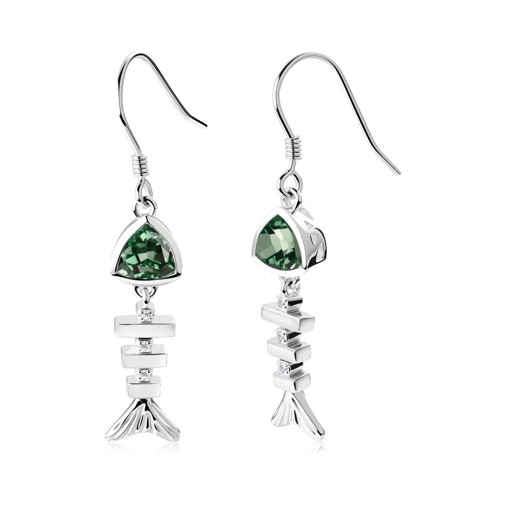 Bezel Trillion Cut Green Sapphire Fishbone Dangle Earrings - Image 9