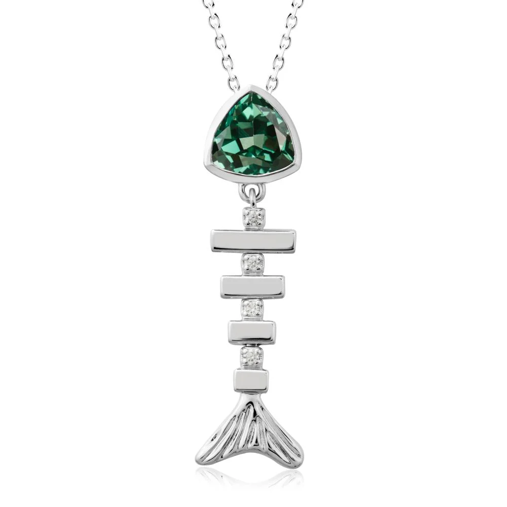 Bezel Trillion Cut Green Sapphire Fishbone Necklace - Image 5