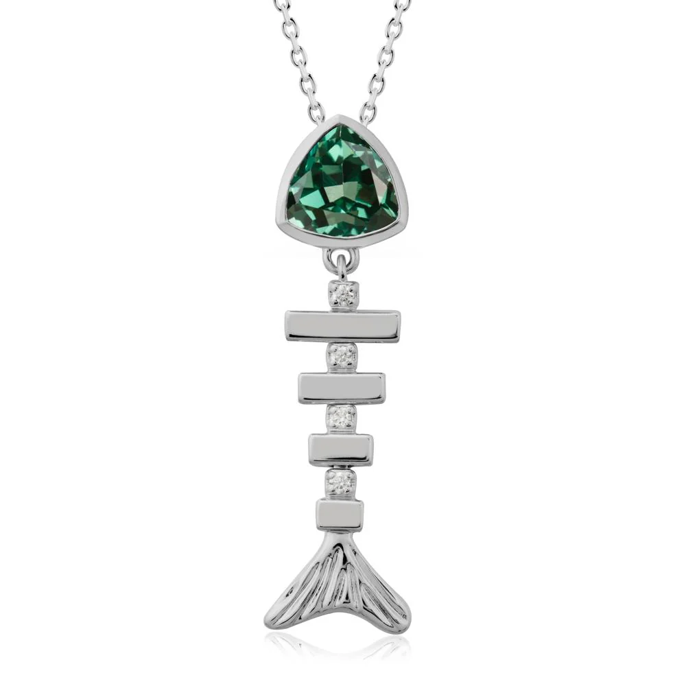 Bezel Trillion Cut Green Sapphire Fishbone Necklace - Image 8