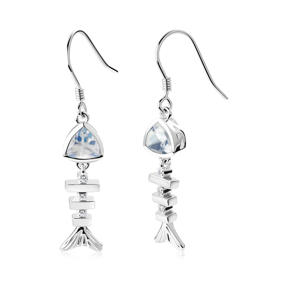 Bezel Trillion Cut Moonstone Fishbone Dangle Earrings - Image 5
