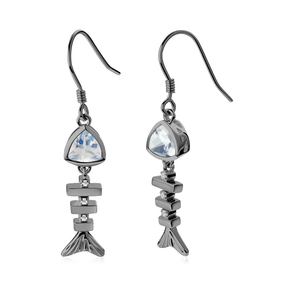 Bezel Trillion Cut Moonstone Fishbone Dangle Earrings - Image 6