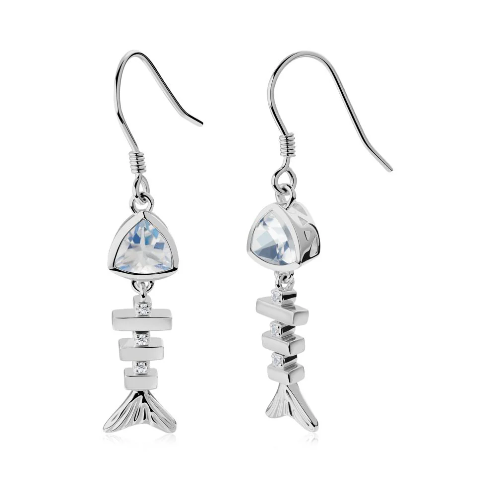Bezel Trillion Cut Moonstone Fishbone Dangle Earrings - Image 7