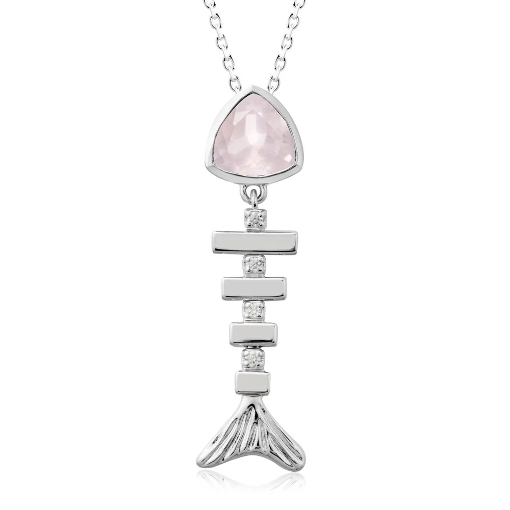 Bezel Trillion Cut Rose Quartz Fishbone Necklace - Image 3