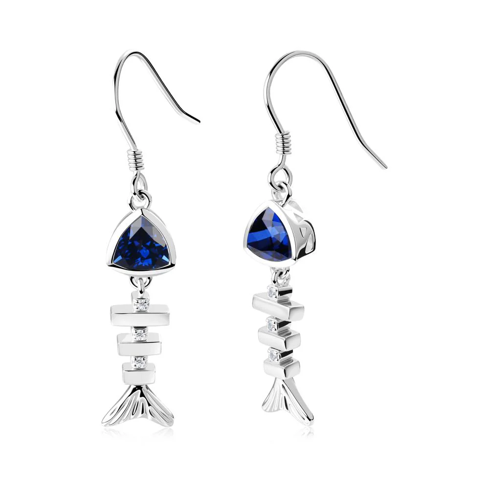 Bezel Trillion Cut Sapphire Fishbone Dangle Earrings - Image 2