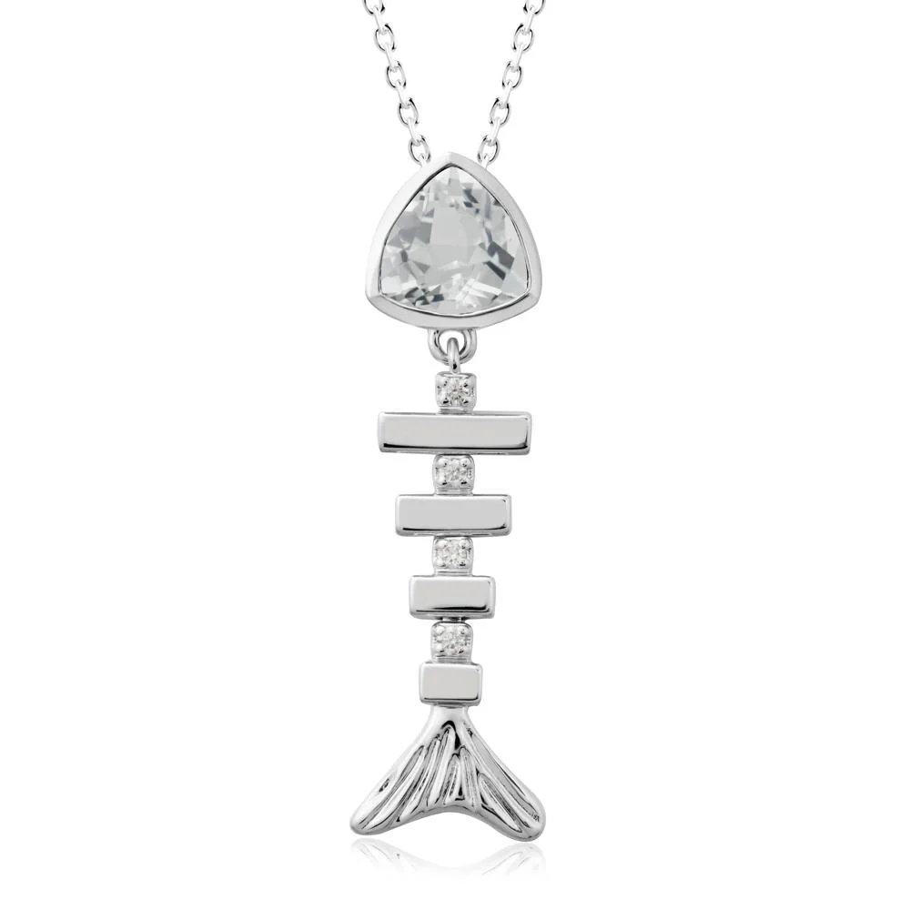 Bezel Trillion Cut White Topaz Fishbone Necklace - Image 9
