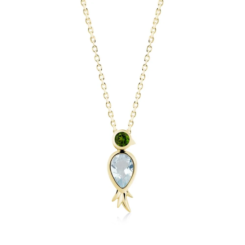 Bird Inspired Teardrop Cut Aquamarine and Diopside Necklace - Image 3