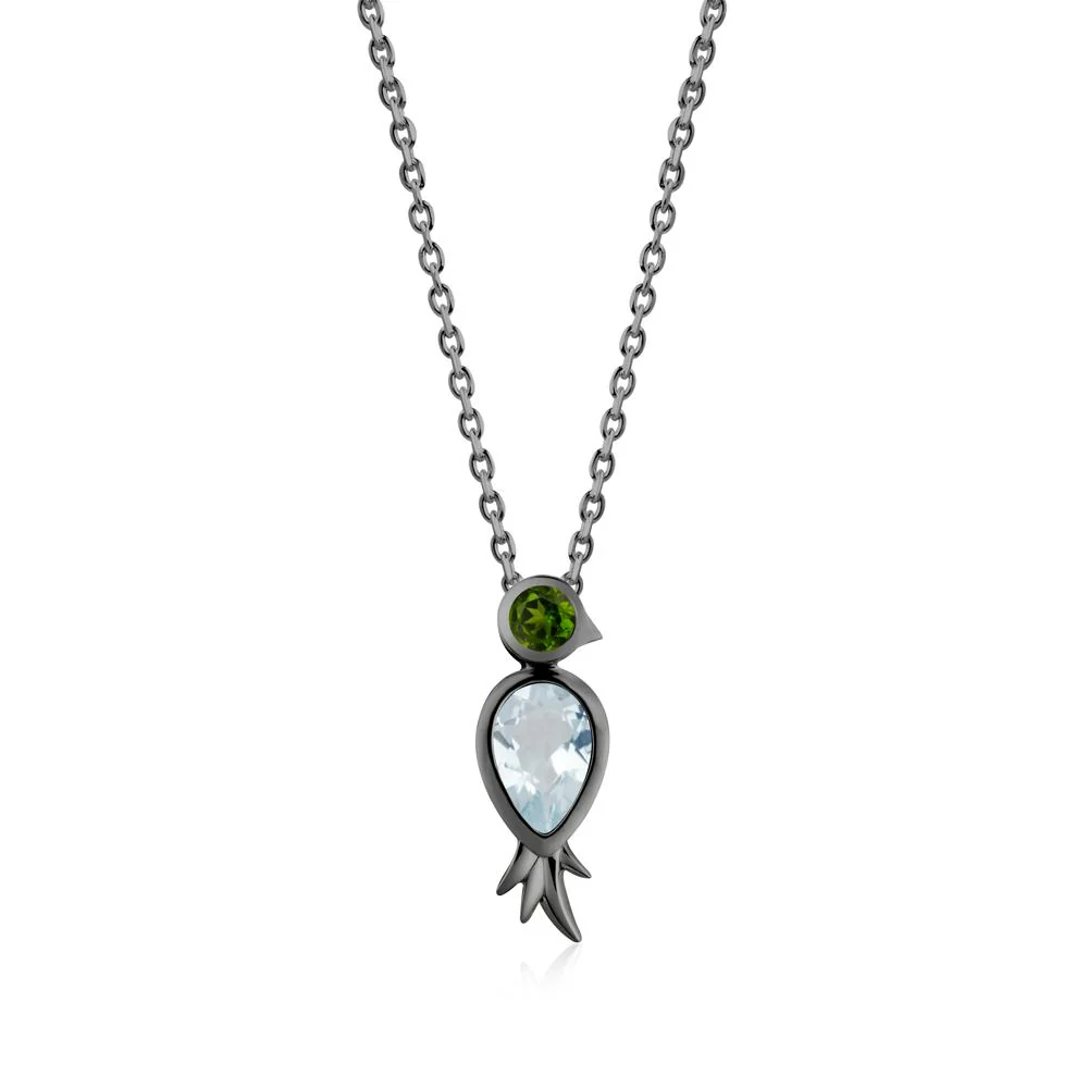 Bird Inspired Teardrop Cut Aquamarine and Diopside Necklace - Image 8
