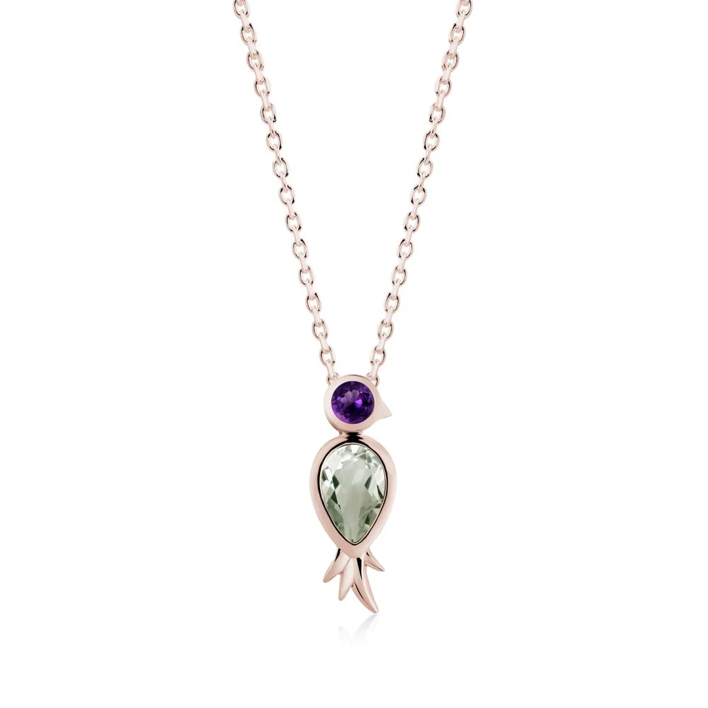 Bird Inspired Teardrop Cut Green Amethyst and Amethyst Necklace
