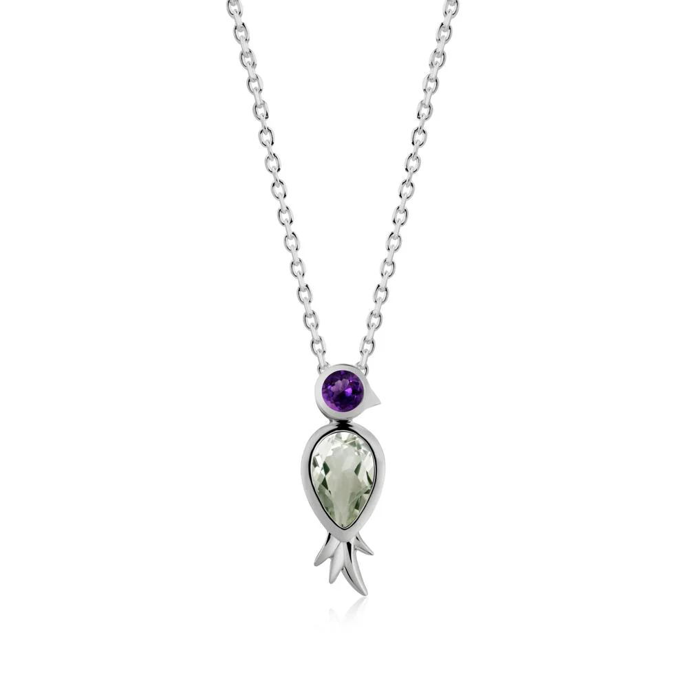 Bird Inspired Teardrop Cut Green Amethyst and Amethyst Necklace - Image 2