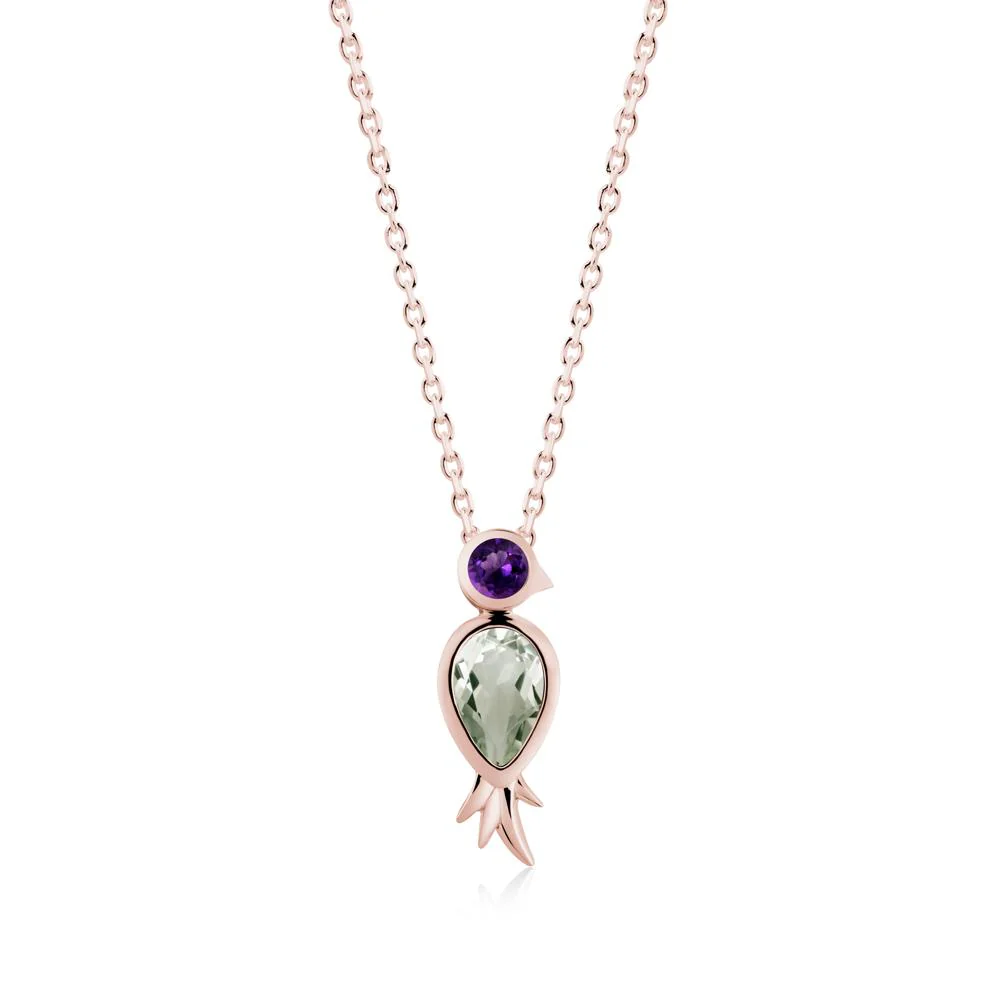 Bird Inspired Teardrop Cut Green Amethyst and Amethyst Necklace - Image 4