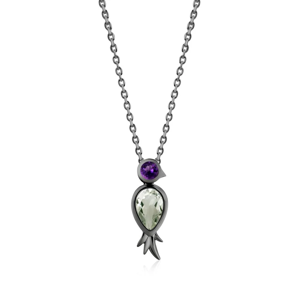 Bird Inspired Teardrop Cut Green Amethyst and Amethyst Necklace - Image 6