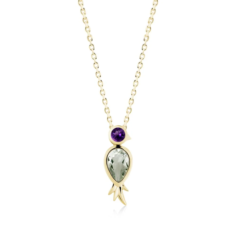 Bird Inspired Teardrop Cut Green Amethyst and Amethyst Necklace - Image 7