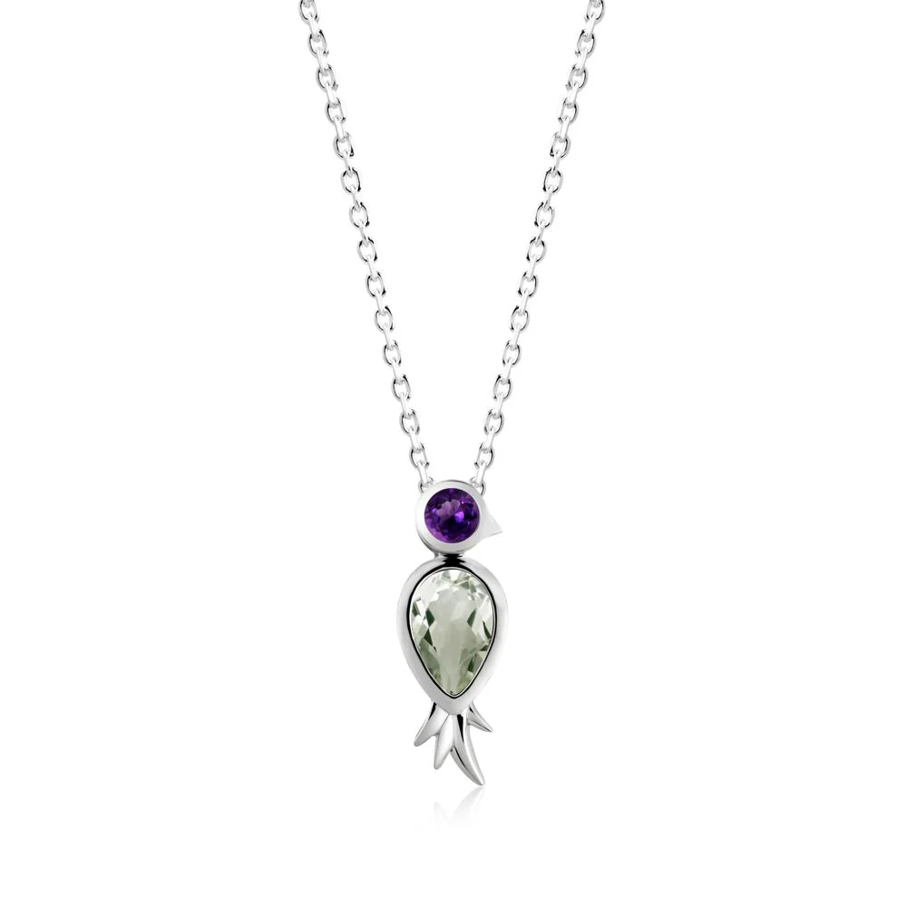 Bird Inspired Teardrop Cut Green Amethyst and Amethyst Necklace - Image 8