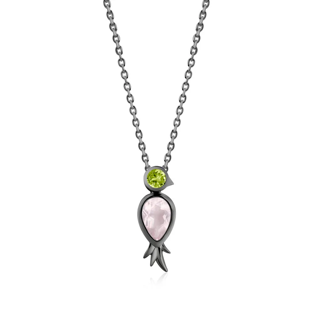 Bird Inspired Teardrop Cut Rose Quartz and Peridot Necklace - Image 4