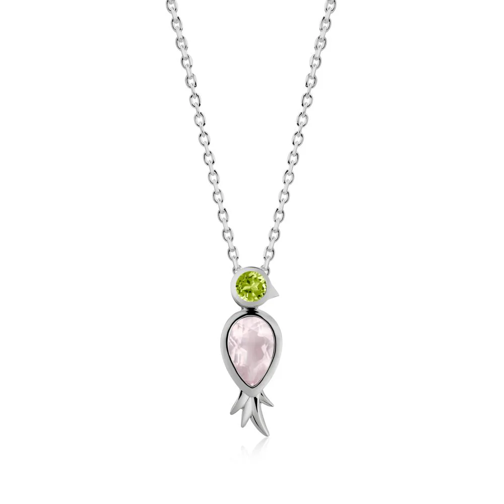 Bird Inspired Teardrop Cut Rose Quartz and Peridot Necklace - Image 5
