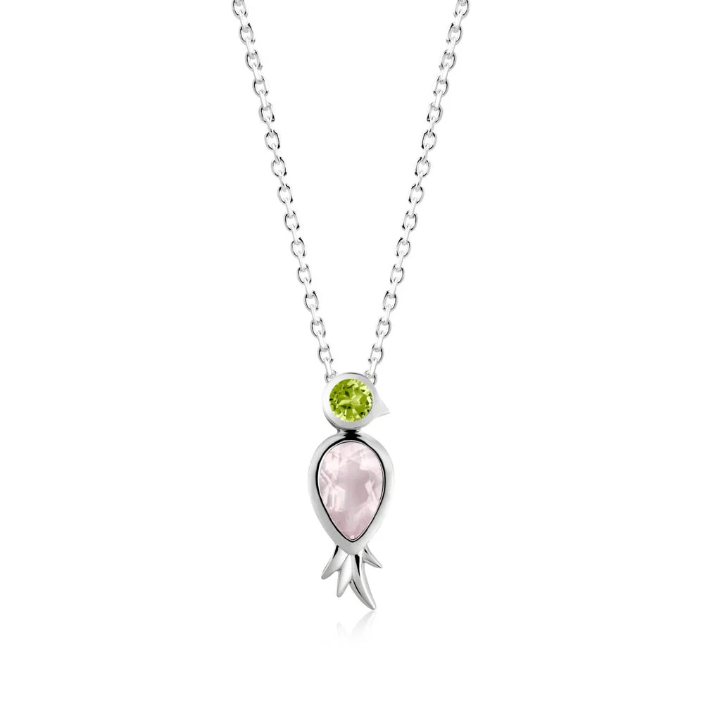 Bird Inspired Teardrop Cut Rose Quartz and Peridot Necklace - Image 7