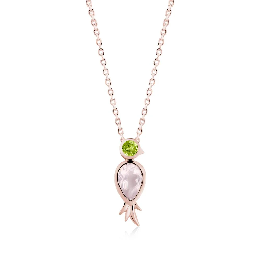 Bird Inspired Teardrop Cut Rose Quartz and Peridot Necklace - Image 8