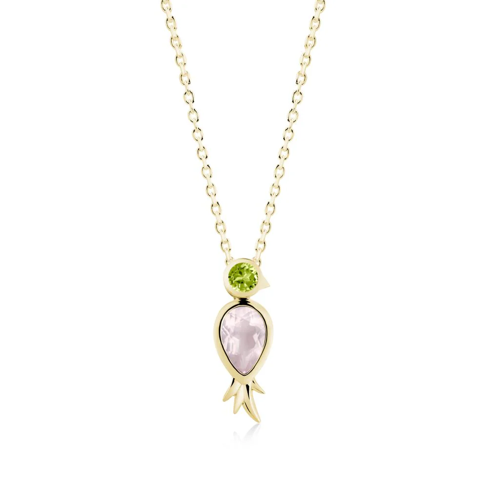 Bird Inspired Teardrop Cut Rose Quartz and Peridot Necklace - Image 9