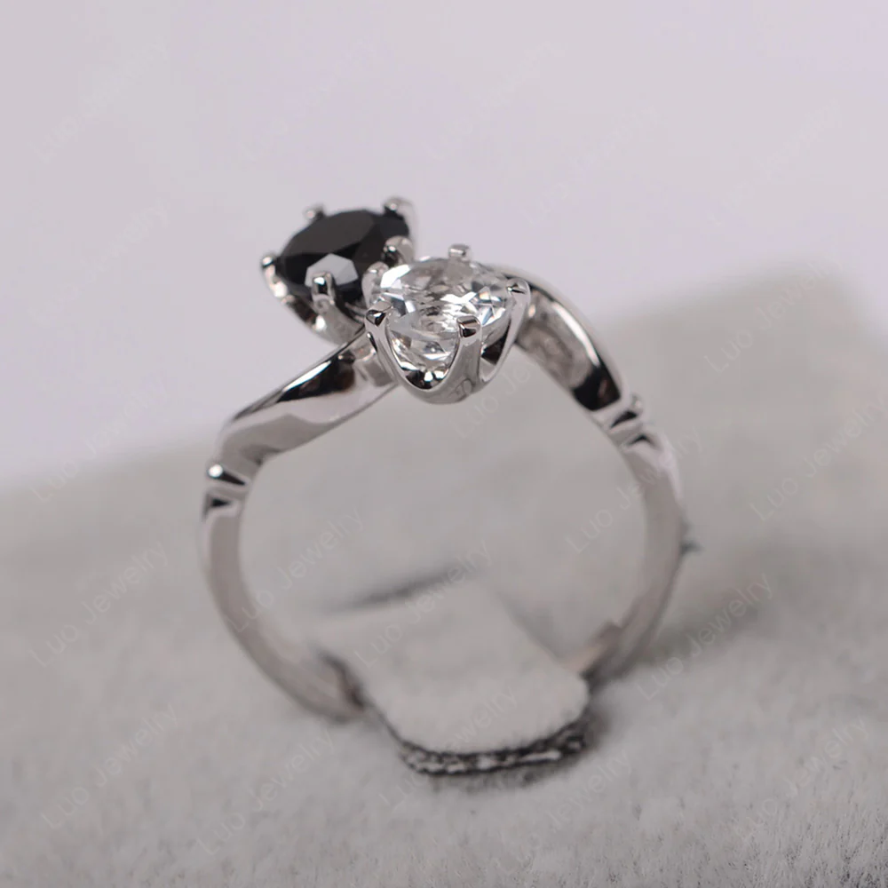 Black Spinel and White Topaz Ring 2 Stone Twist Ring - Image 3