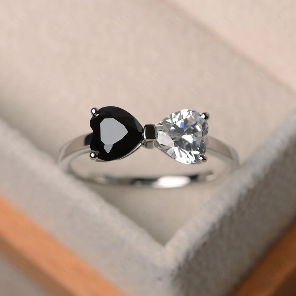 Black Spinel and Cubic Zirconia Two Stone Heart Ring - Image 10