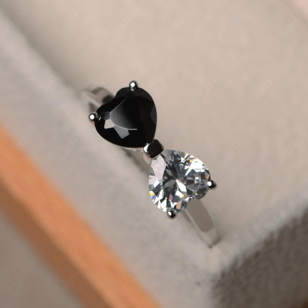 Black Spinel and Cubic Zirconia Two Stone Heart Ring - Image 11
