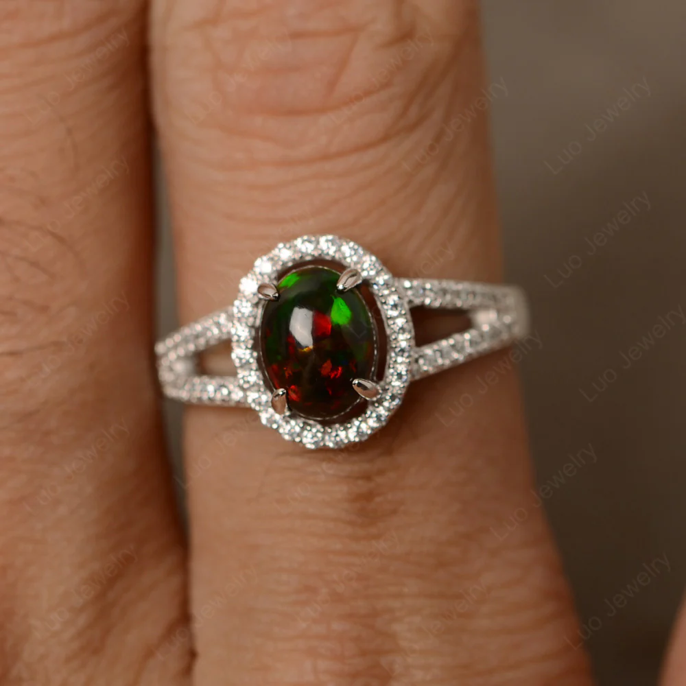 Cabochon Black Opal Halo Split Promise Ring - Image 3