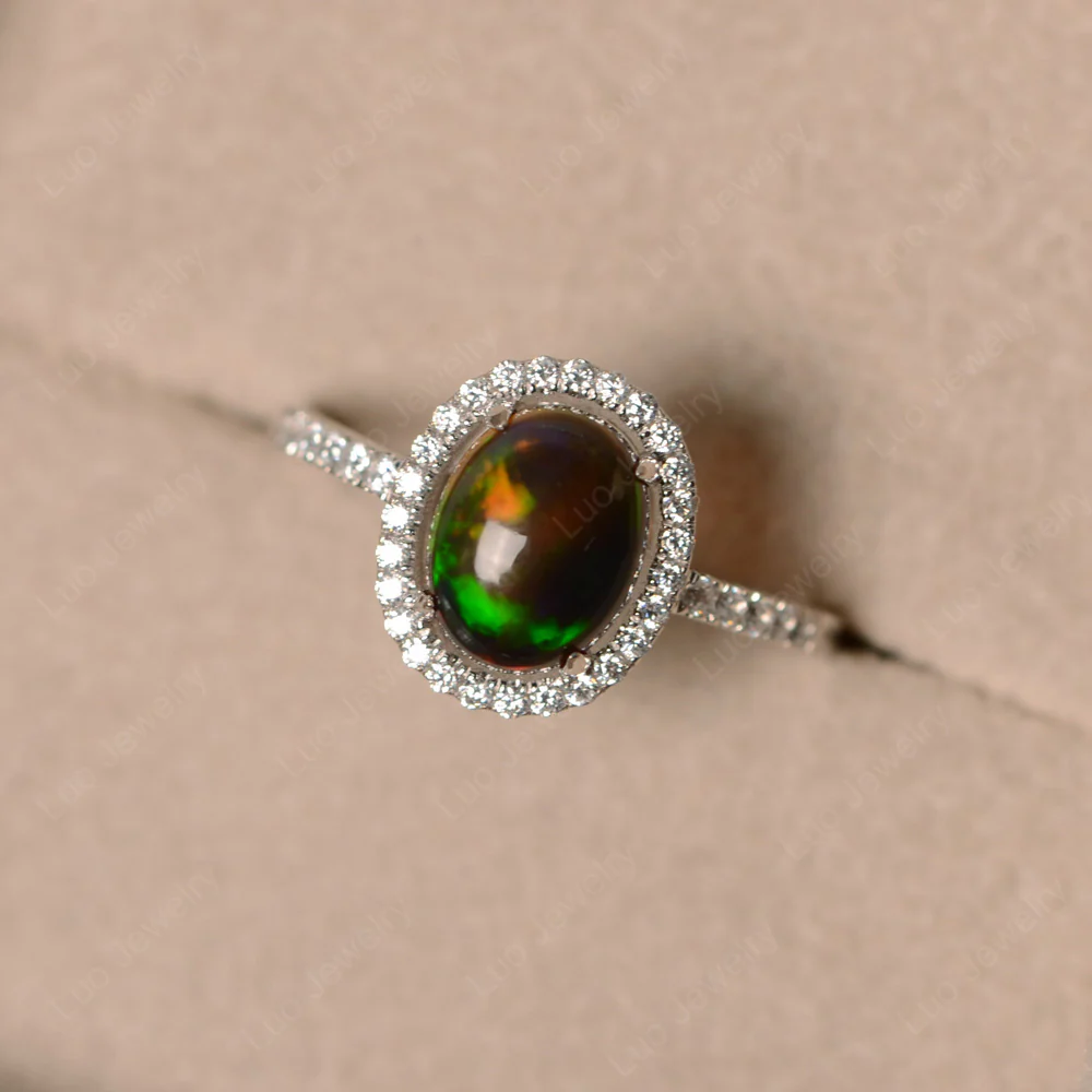 Oval Shape Cabochon Black Opal Halo Ring - Image 3