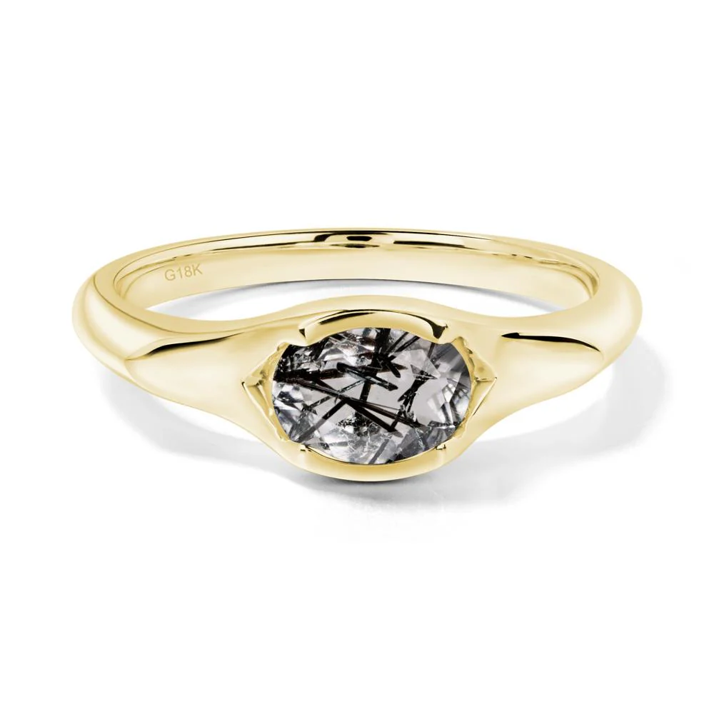 Black Rutilated Quartz Bezel Set Oval Engagement Ring