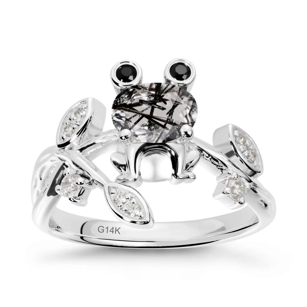 Black Rutilated Quartz Frog Ring with Twisting Leaves and Branches