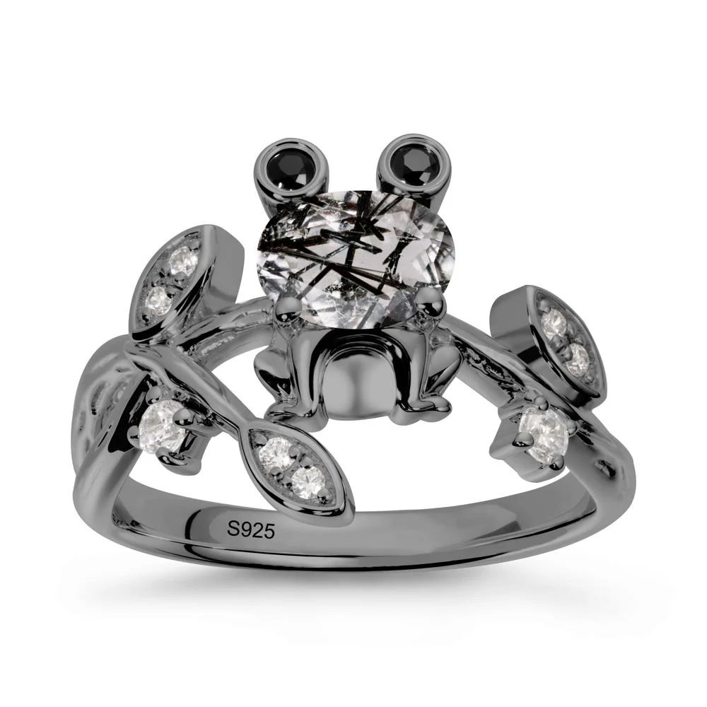 Black Rutilated Quartz Frog Ring with Twisting Leaves and Branches - Image 7