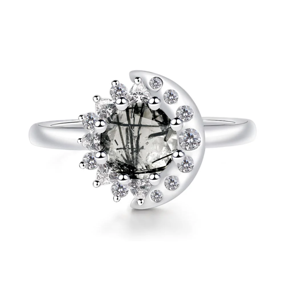 Black Rutilated Quartz Moon and Sun Ring