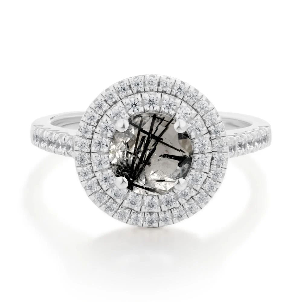 Black Rutilated Quartz Ring Double Halo - Image 3