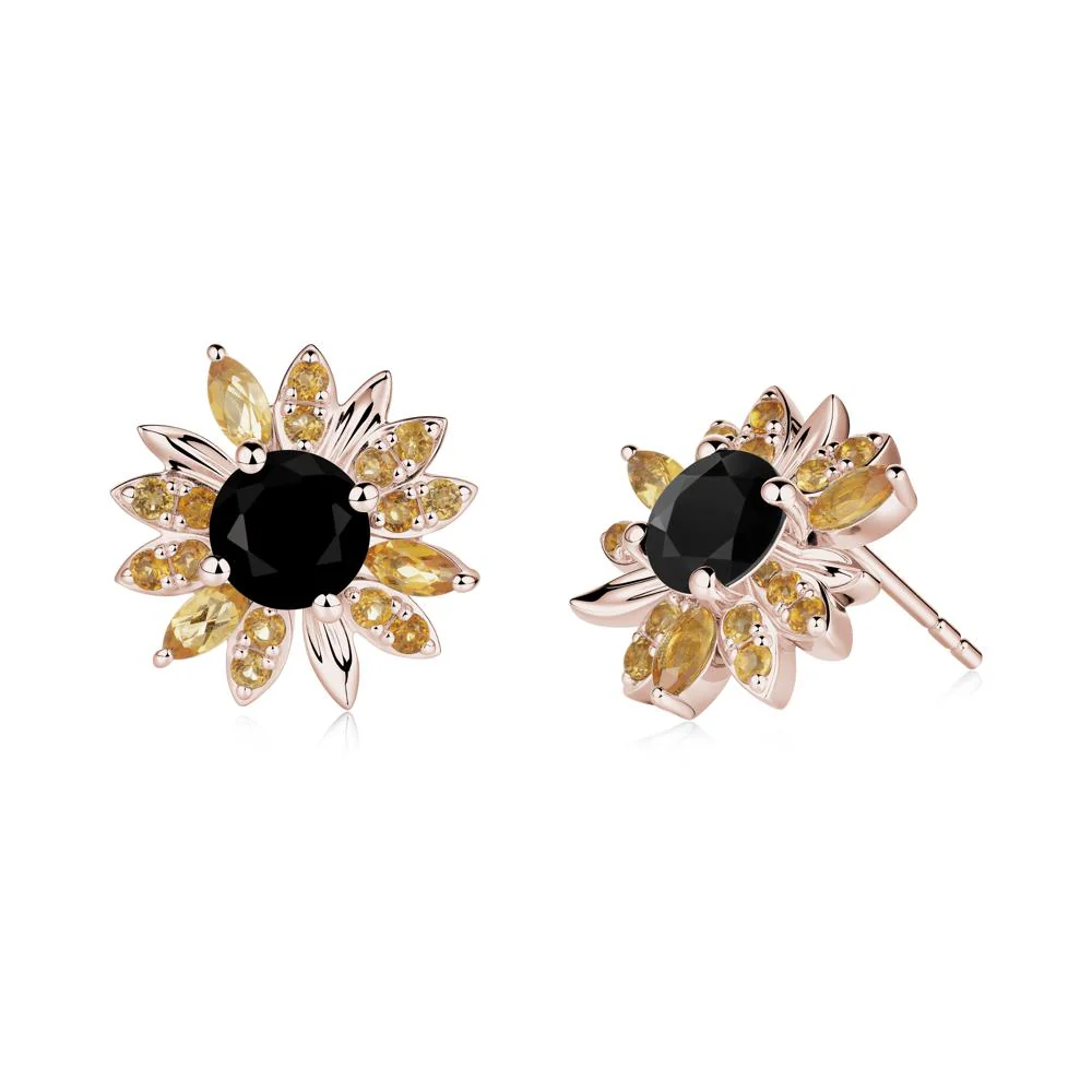 Black Spinel and Citrine Sunflower Pendant Earrings