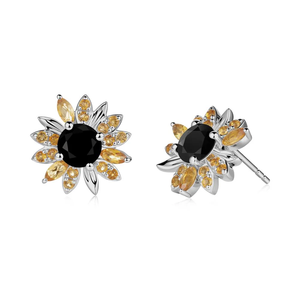Black Spinel and Citrine Sunflower Pendant Earrings - Image 2