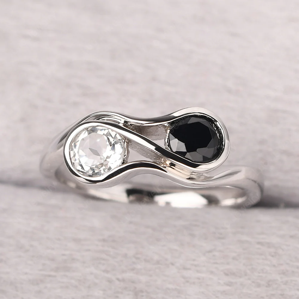Black Spinel and White Topaz Double Stone Engagement Ring