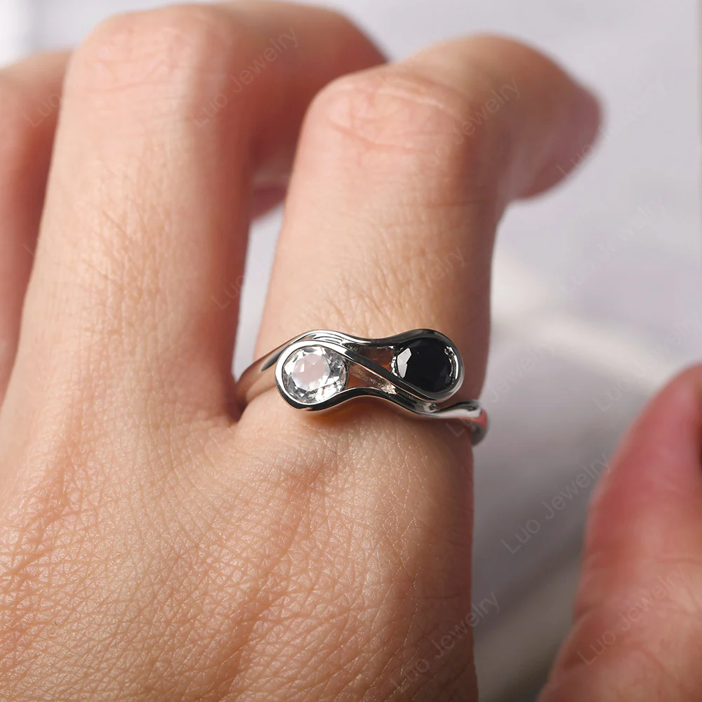 Black Spinel and White Topaz Double Stone Engagement Ring - Image 5