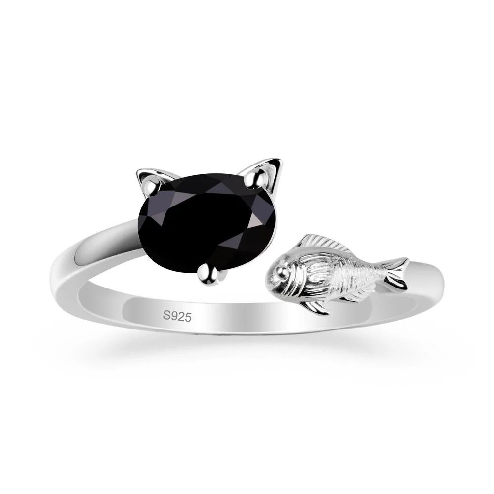 Black Spinel Cat and Fish Ring - Image 9