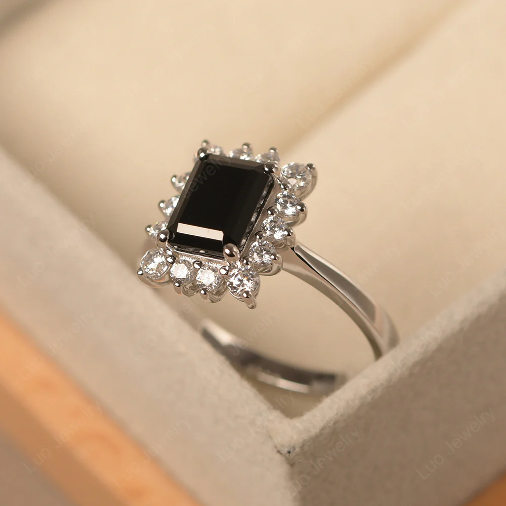 Emerald Cut Black Spinel Halo Luxury Ring - Image 2