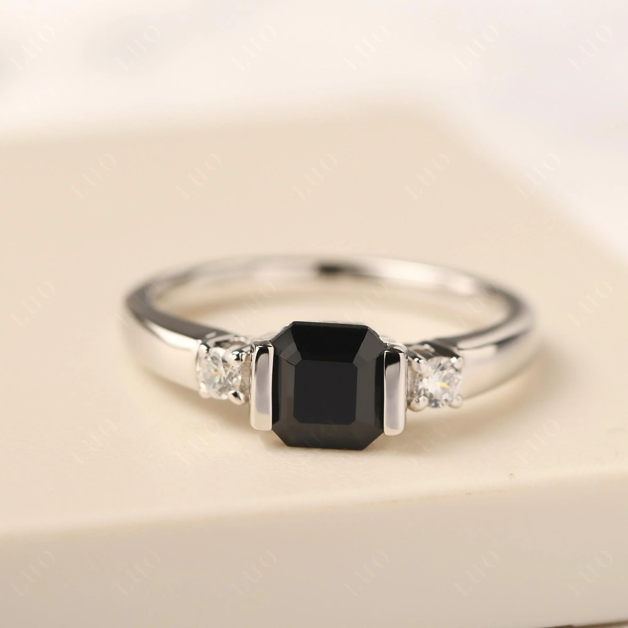 Black Spinel Half Bezel Set Asscher Cut Ring - Image 10