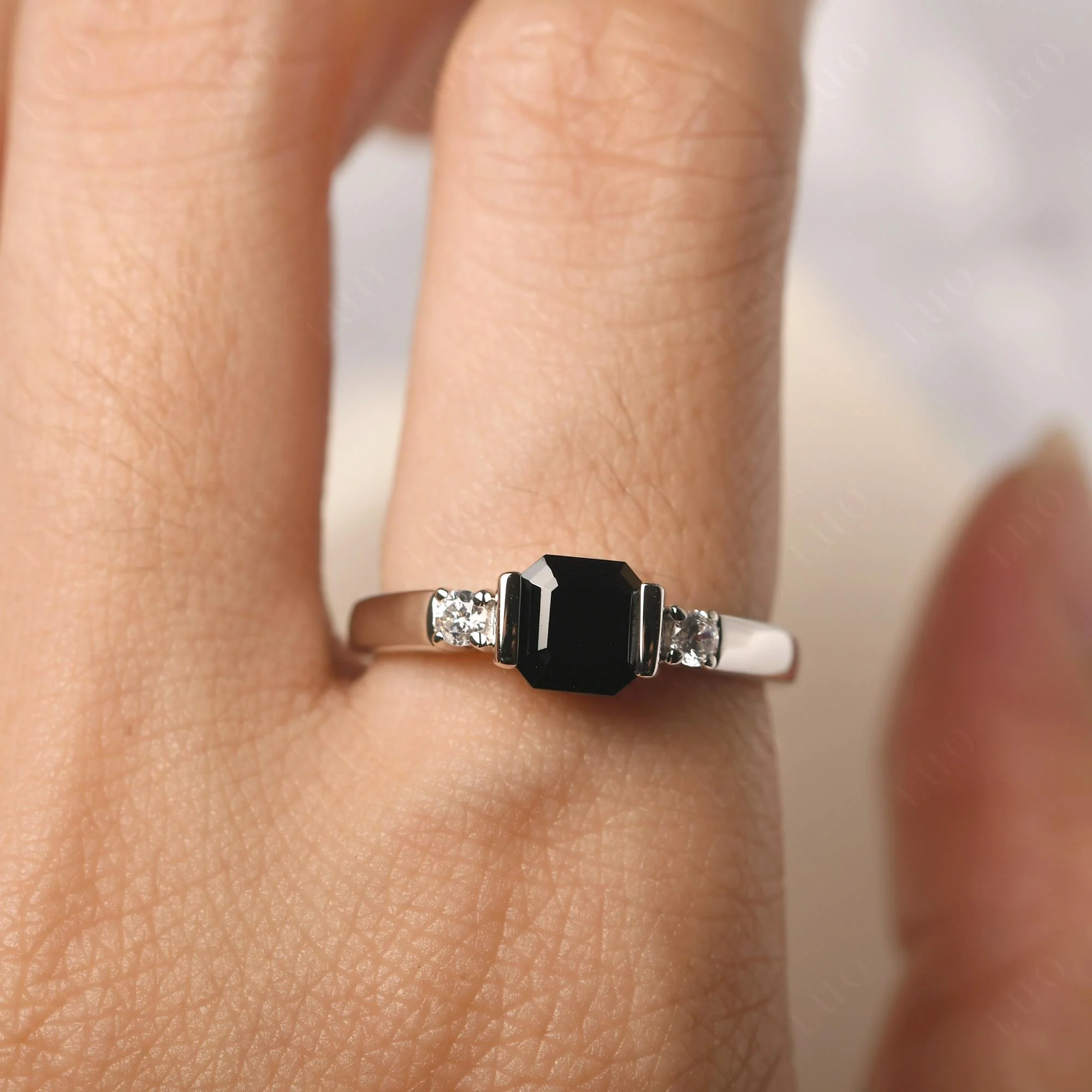 Black Spinel Half Bezel Set Asscher Cut Ring - Image 14