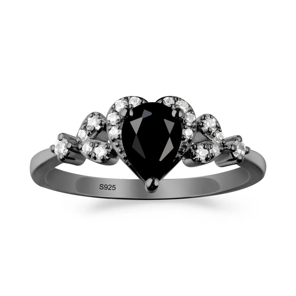 Black Spinel Heart Ring with Leaf Accents