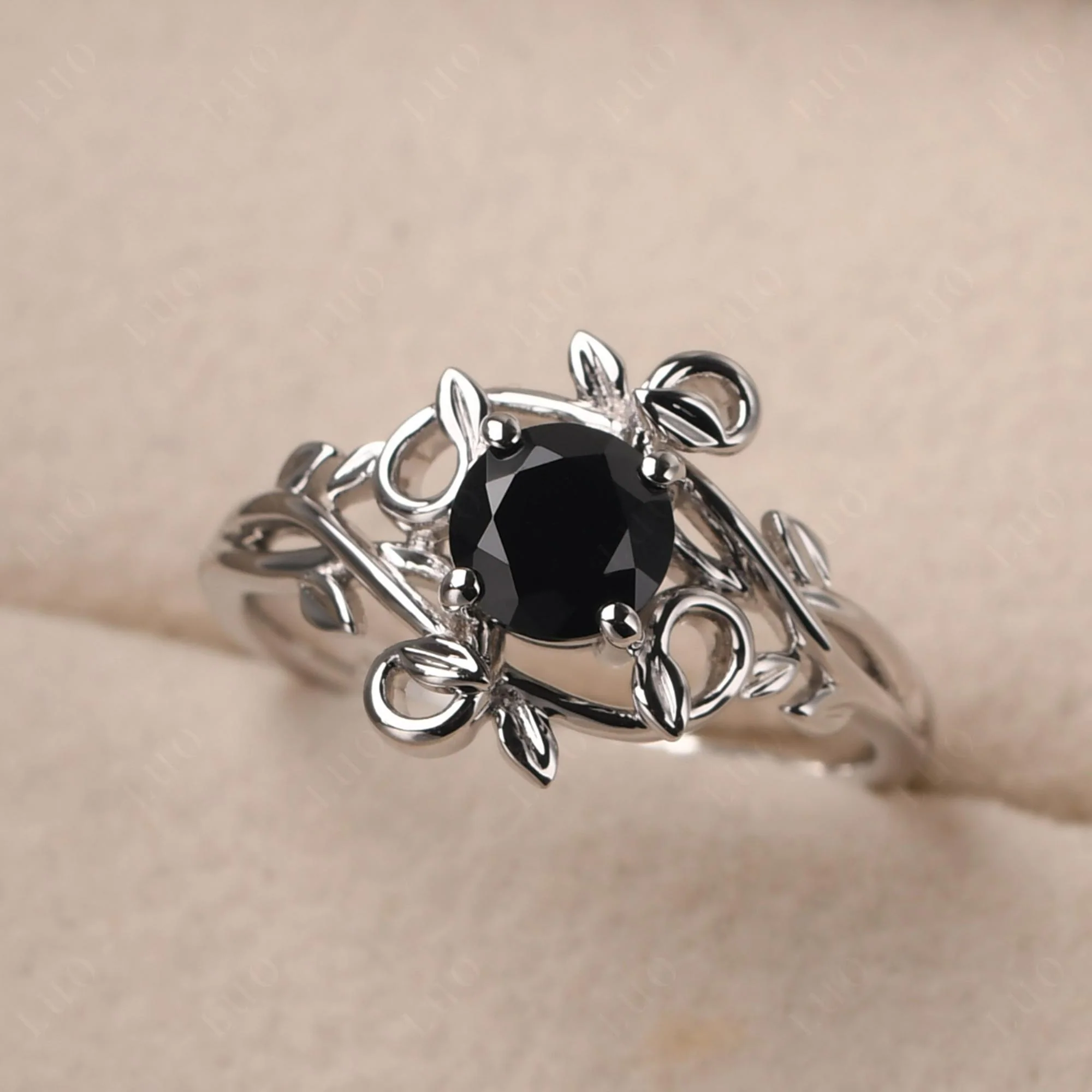 Black Spinel Leaf and Vine Engagement Ring - Image 10