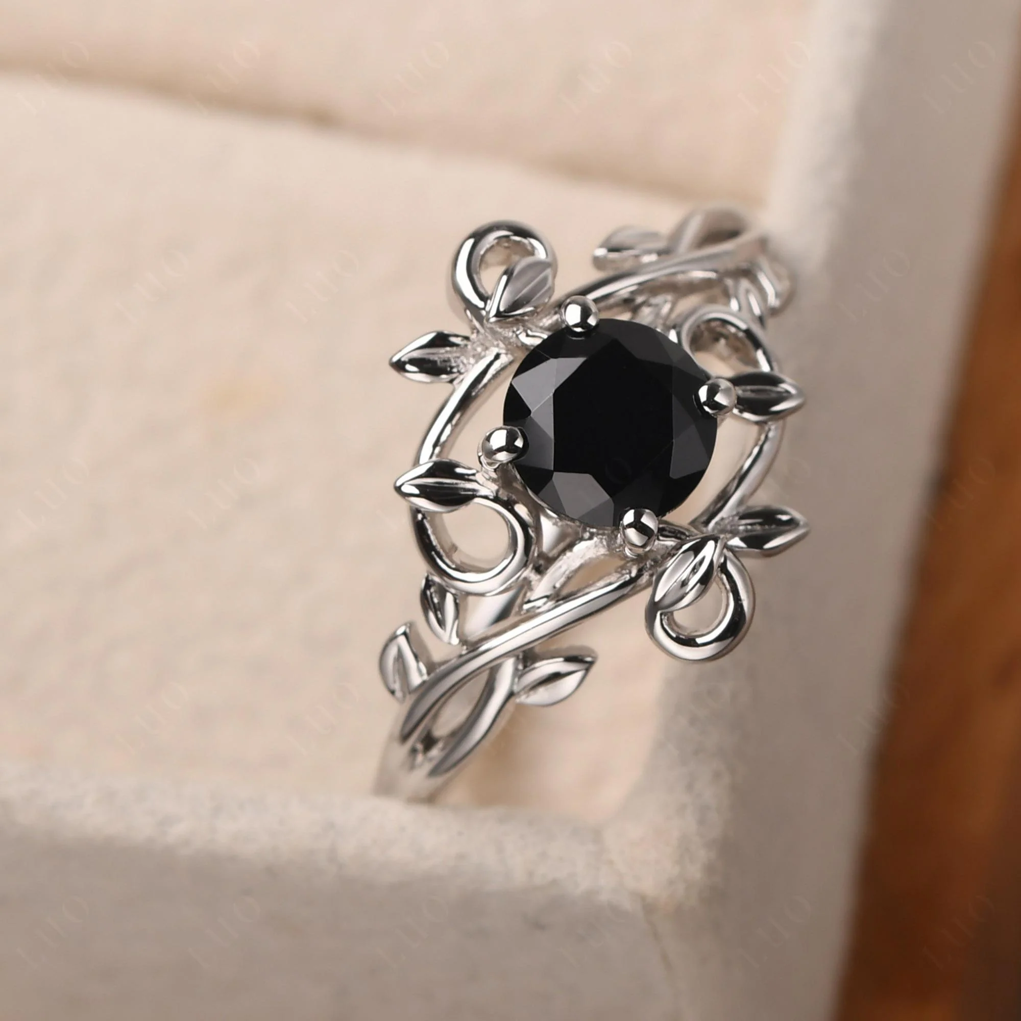 Black Spinel Leaf and Vine Engagement Ring - Image 11