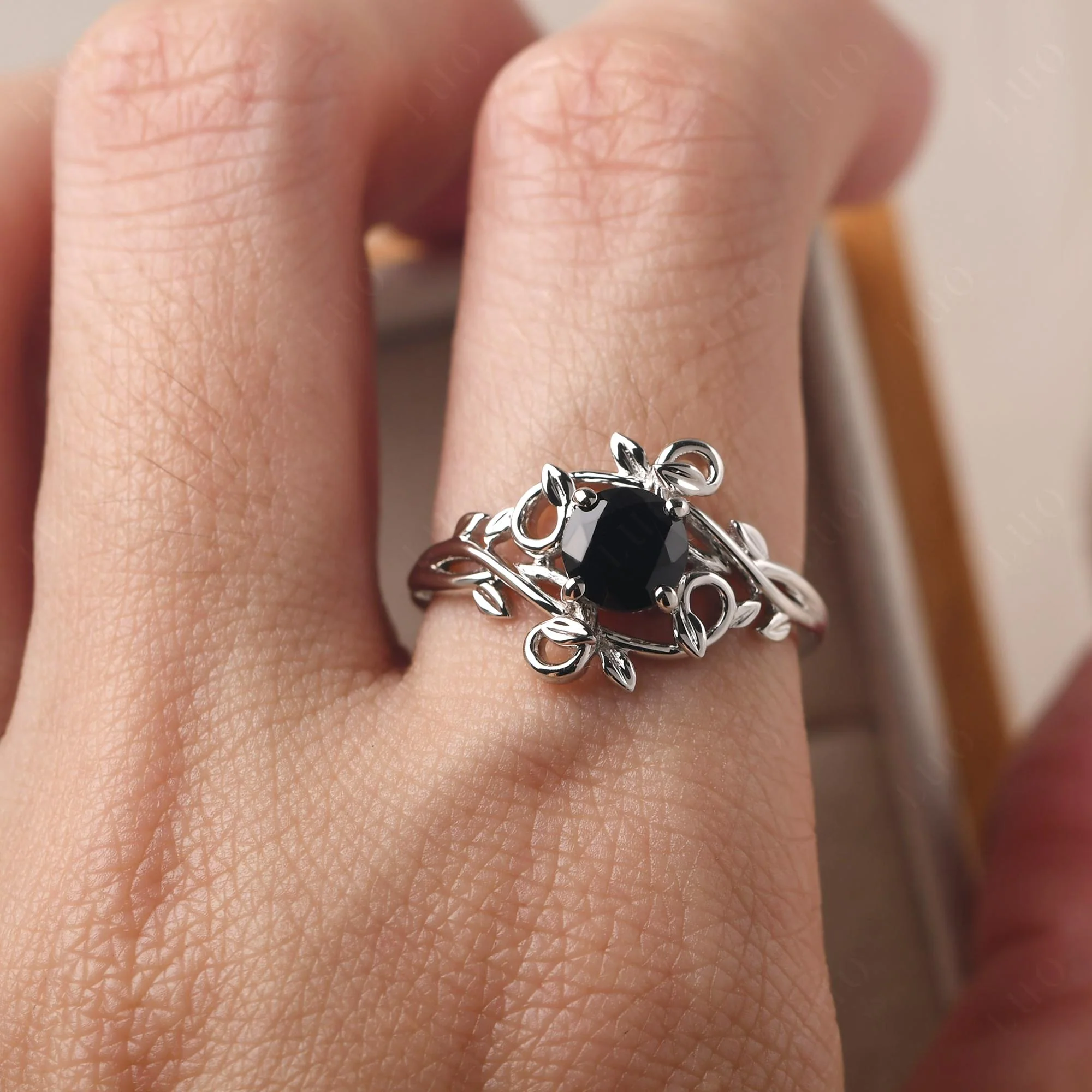 Black Spinel Leaf and Vine Engagement Ring - Image 14