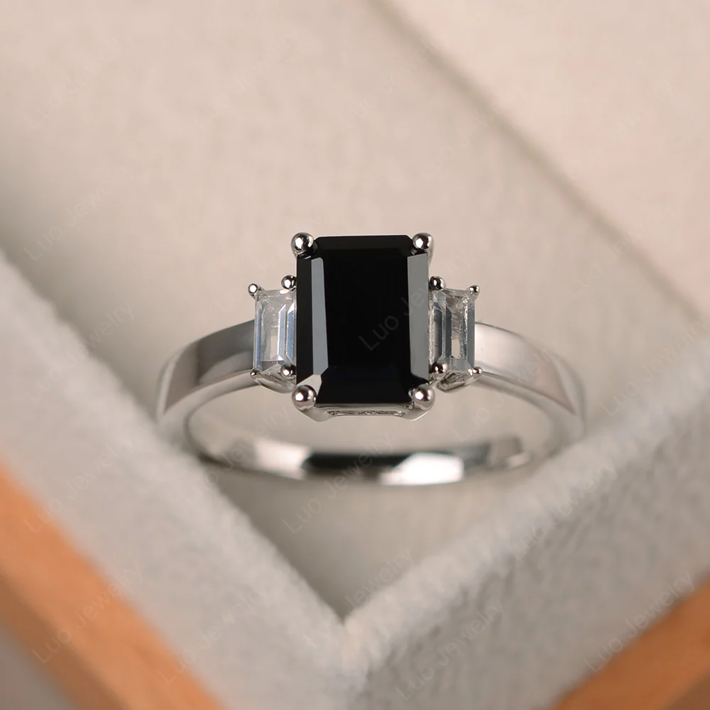 Emerald Cut Black Spinel Ring with Baguettes